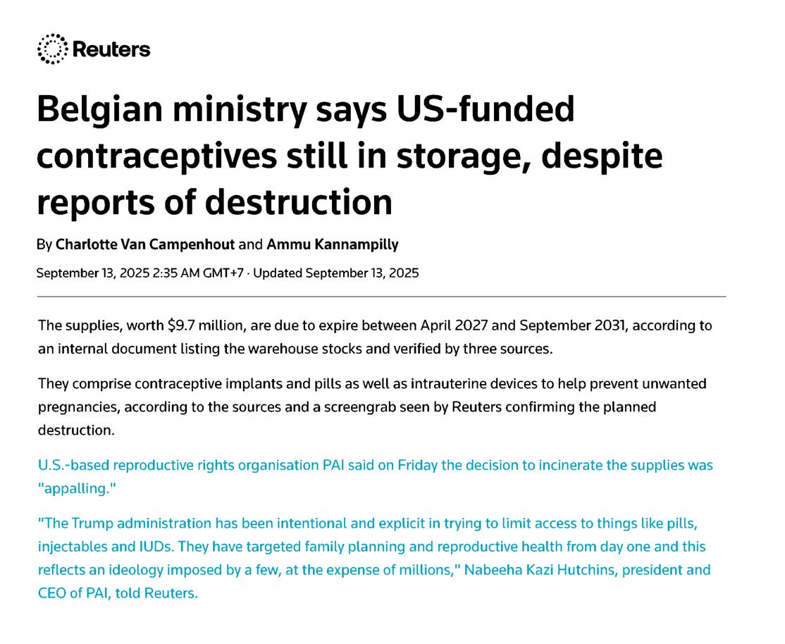 Reuters reporting on U.S.-funded contraceptives stored in Belgium